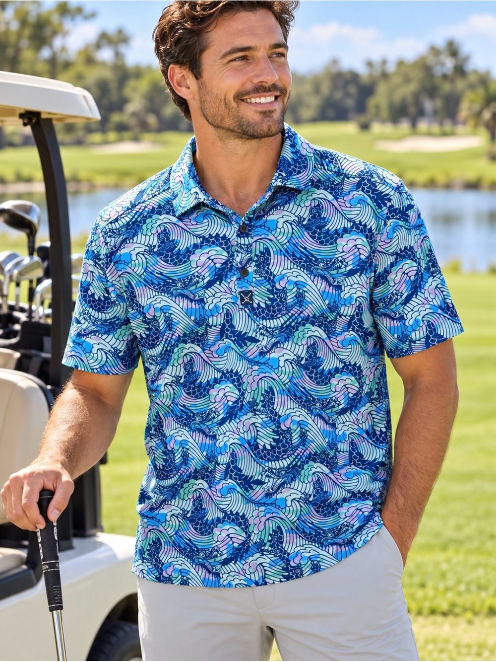 CON.STRUCT Men’s Medium Quick Dry Performance Golf Polo Dragon Wave Print